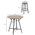 Dimensions of a round table and a bar stool on a white background
