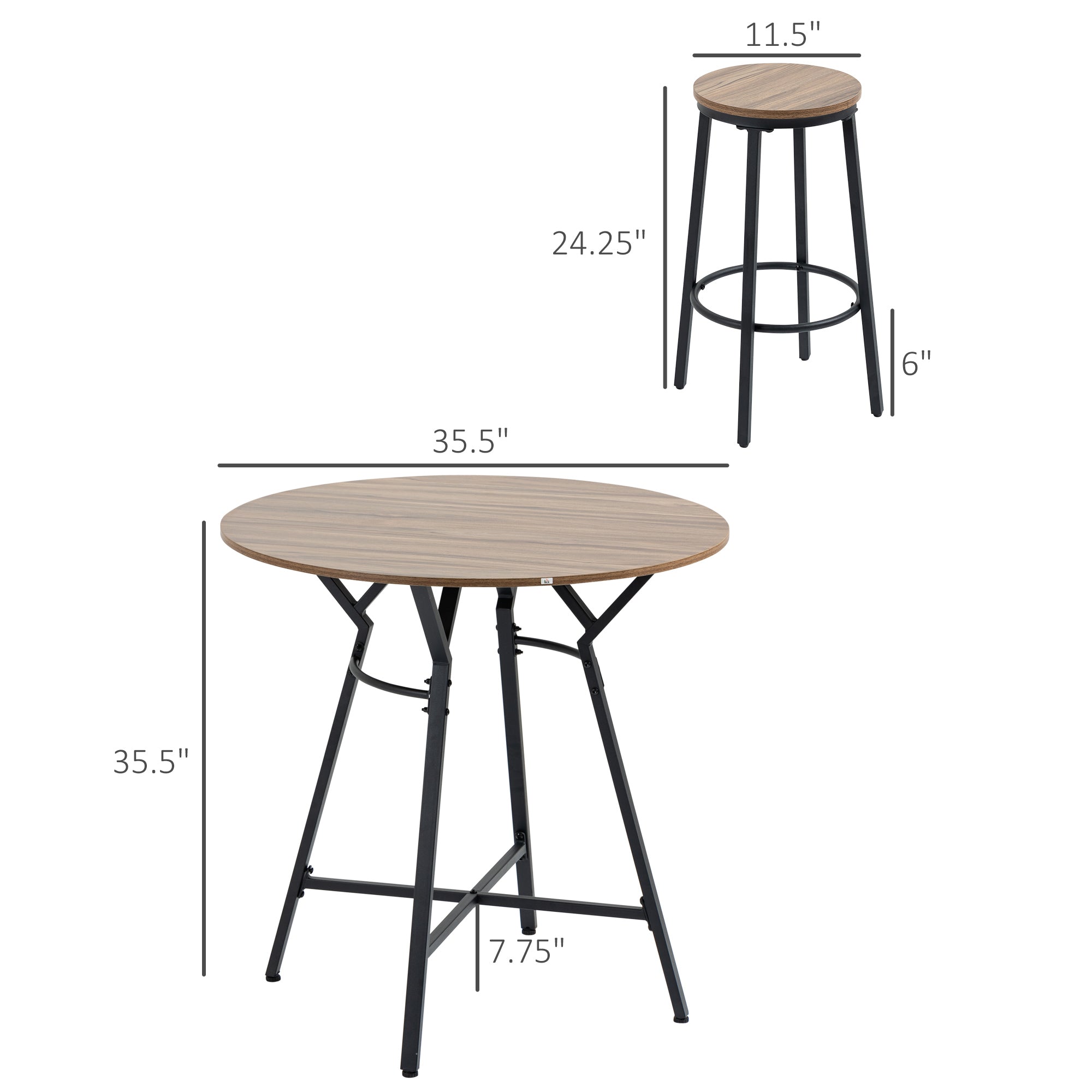 Dimensions of a round table and a bar stool on a white background