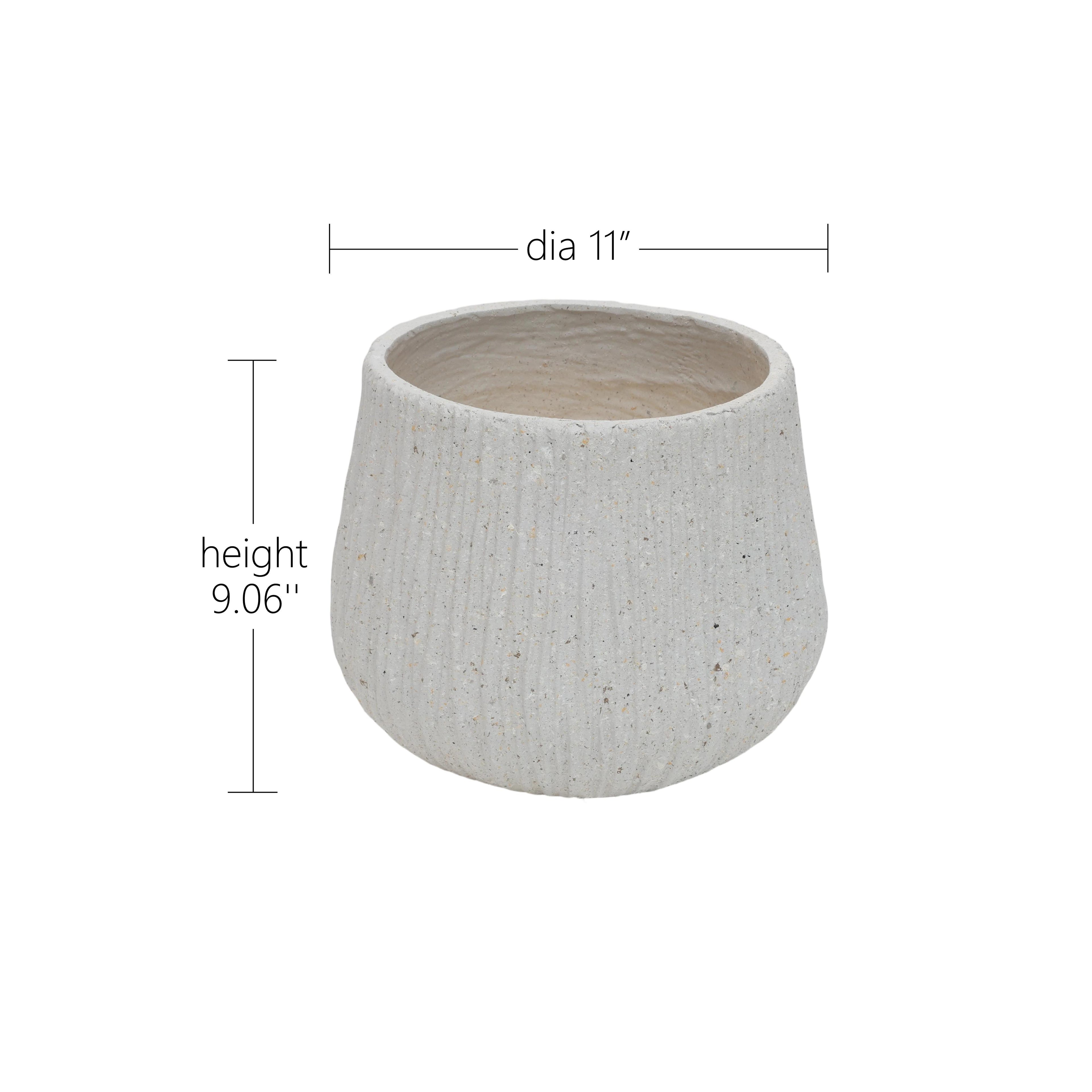 White textured planter with dimensions on a white background