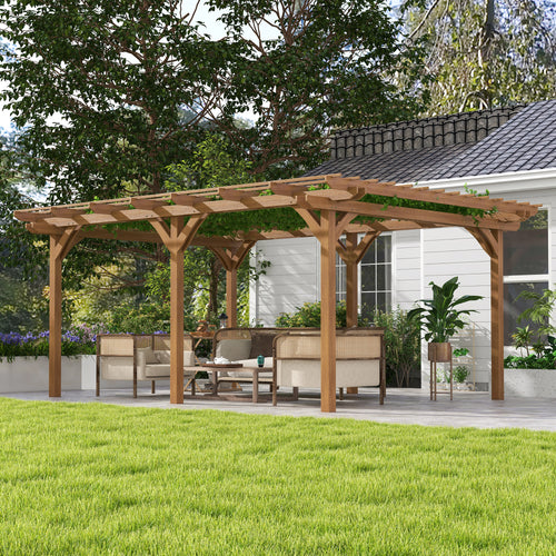 12’ x 16’ Fir Wood Outdoor Pergola – Open Roof Grape Trellis for Climbing Plants, Brown