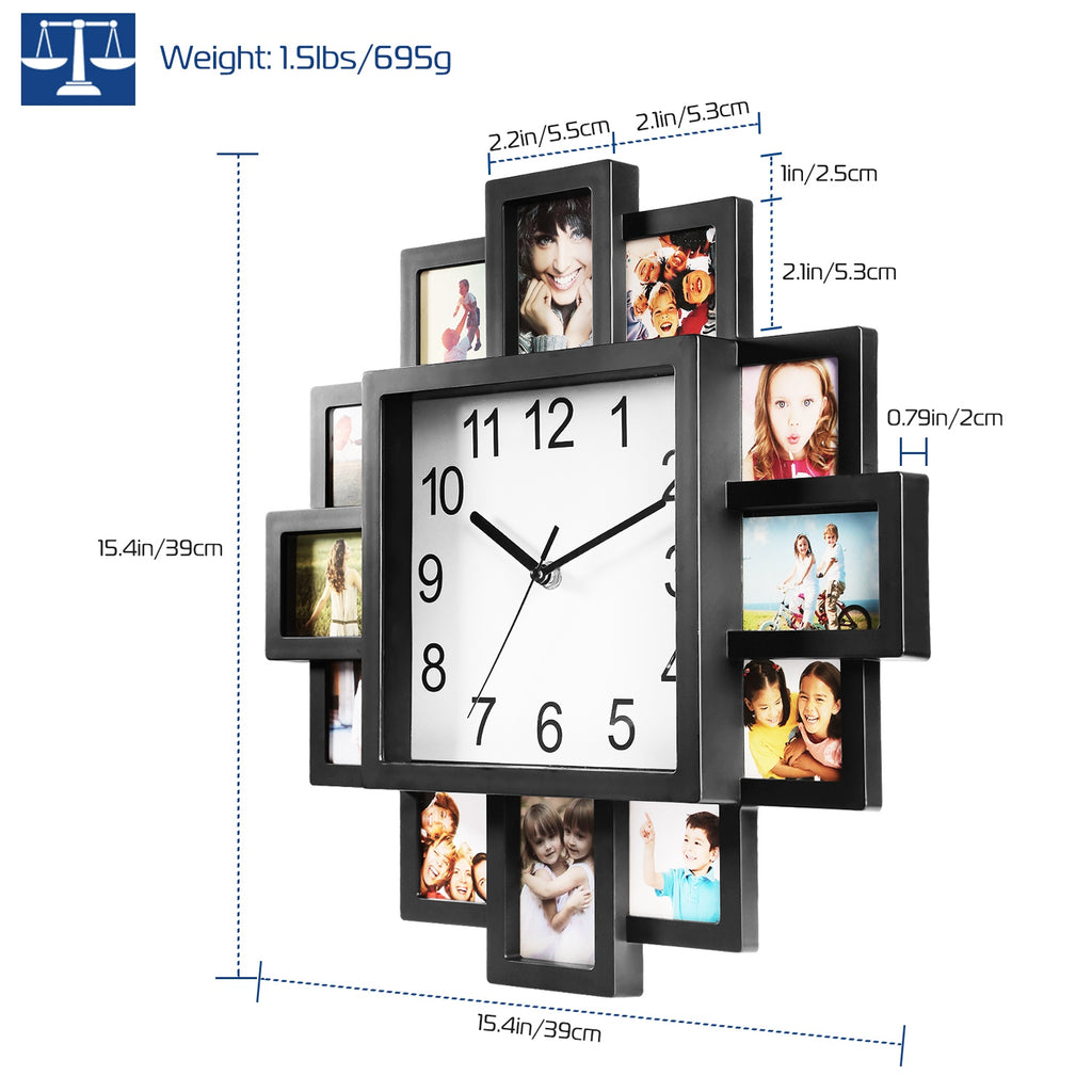 Wall clock with photo frames showing dimensions