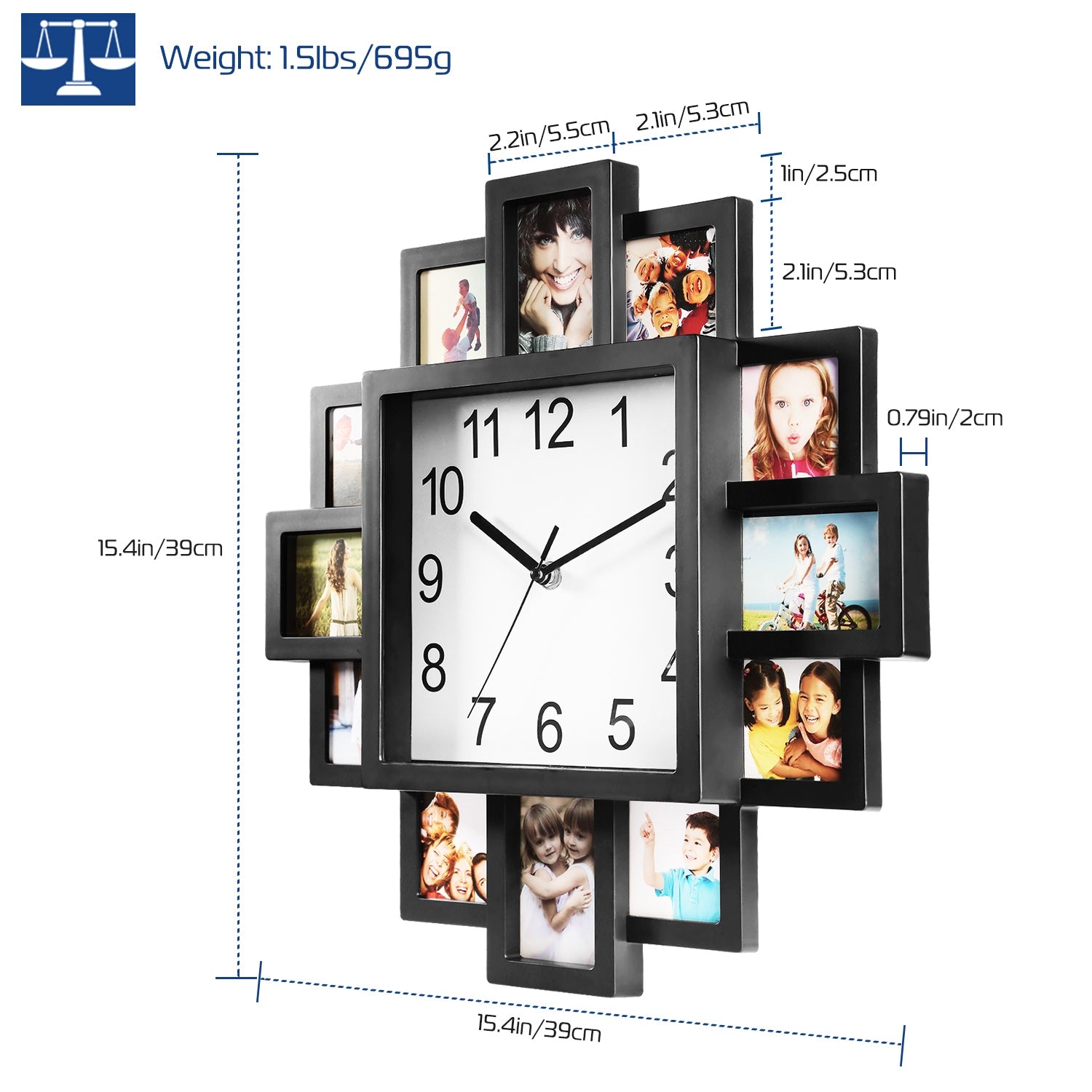 Wall clock with photo frames showing dimensions