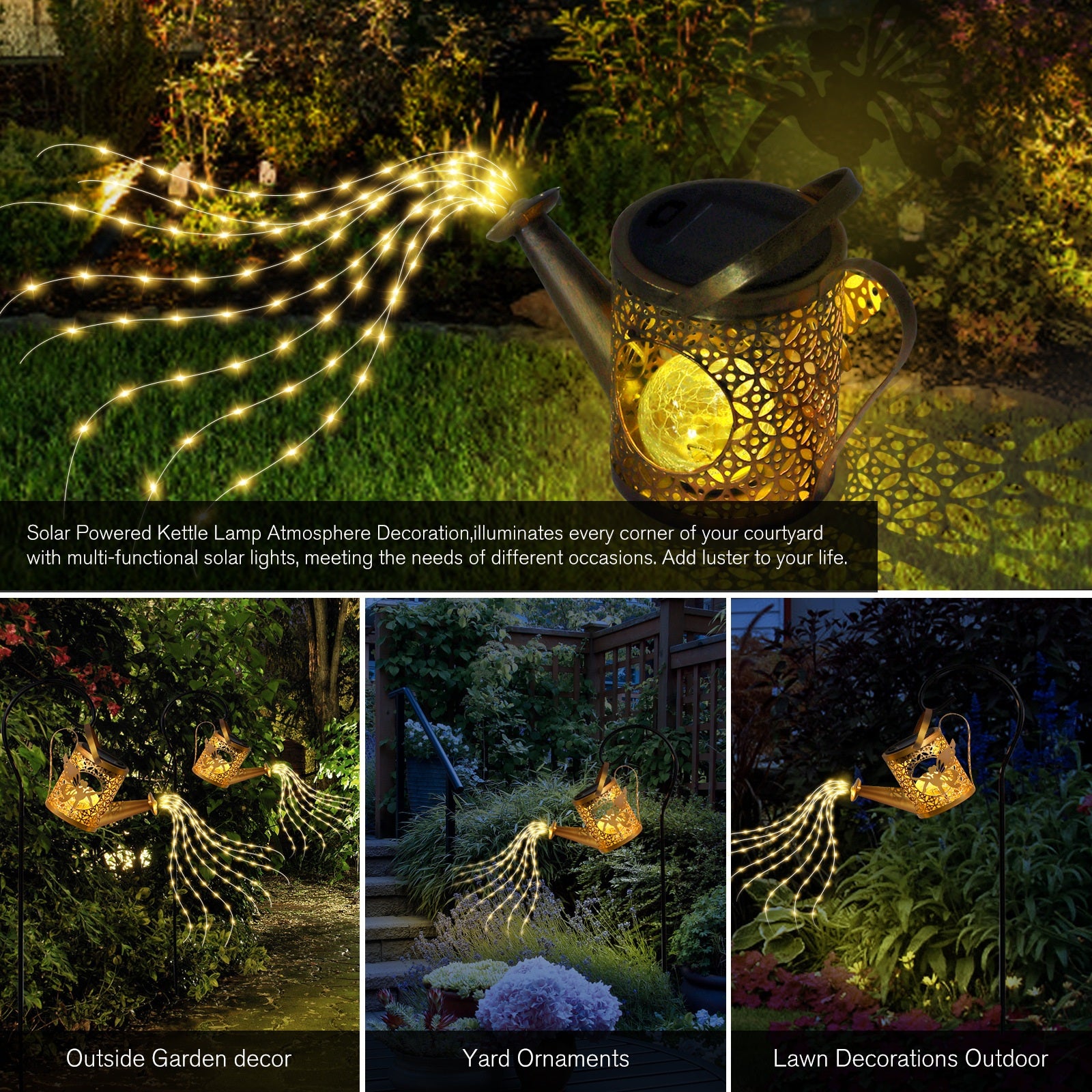 Solar-powered kettle lamp with LED string lights in a garden setting