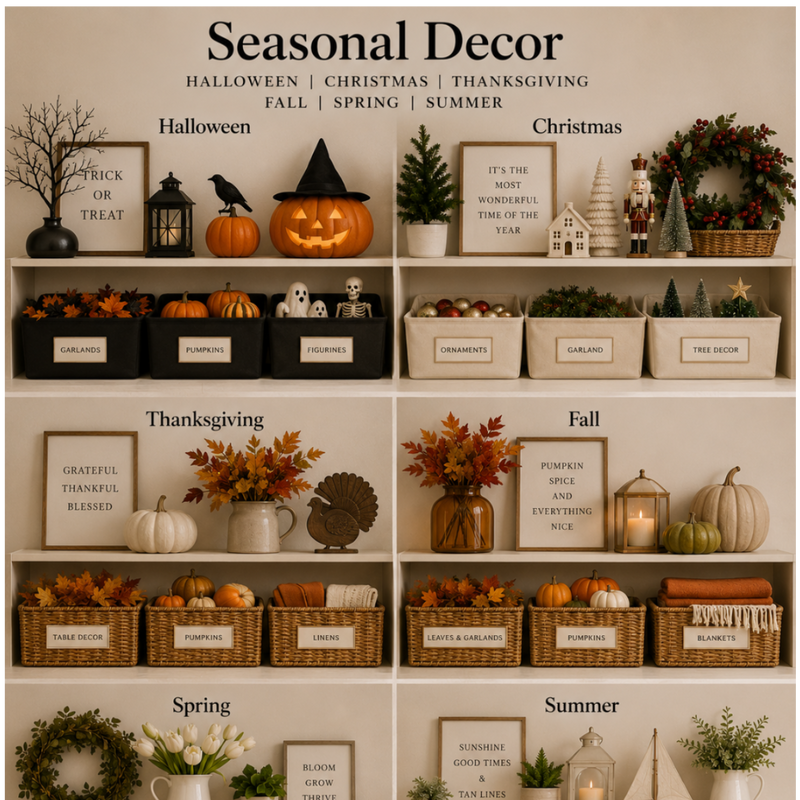 Shelving unit with seasonal decor for Halloween, Christmas, Thanksgiving, Fall, Spring, and Summer.