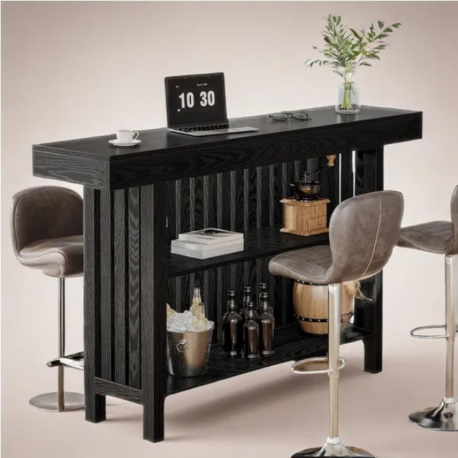 Black slatted wood bar console, 62.99 inches wide and 41.53 inches tall, with lower shelf and footrest rail