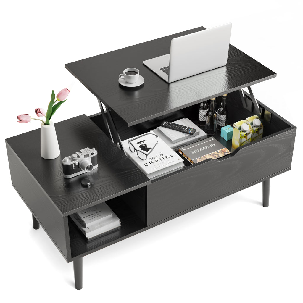 Black lift-top coffee table with various items on a white background