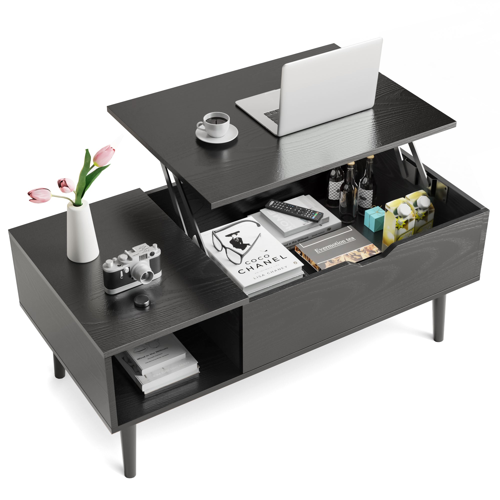 Black lift-top coffee table with various items on a white background