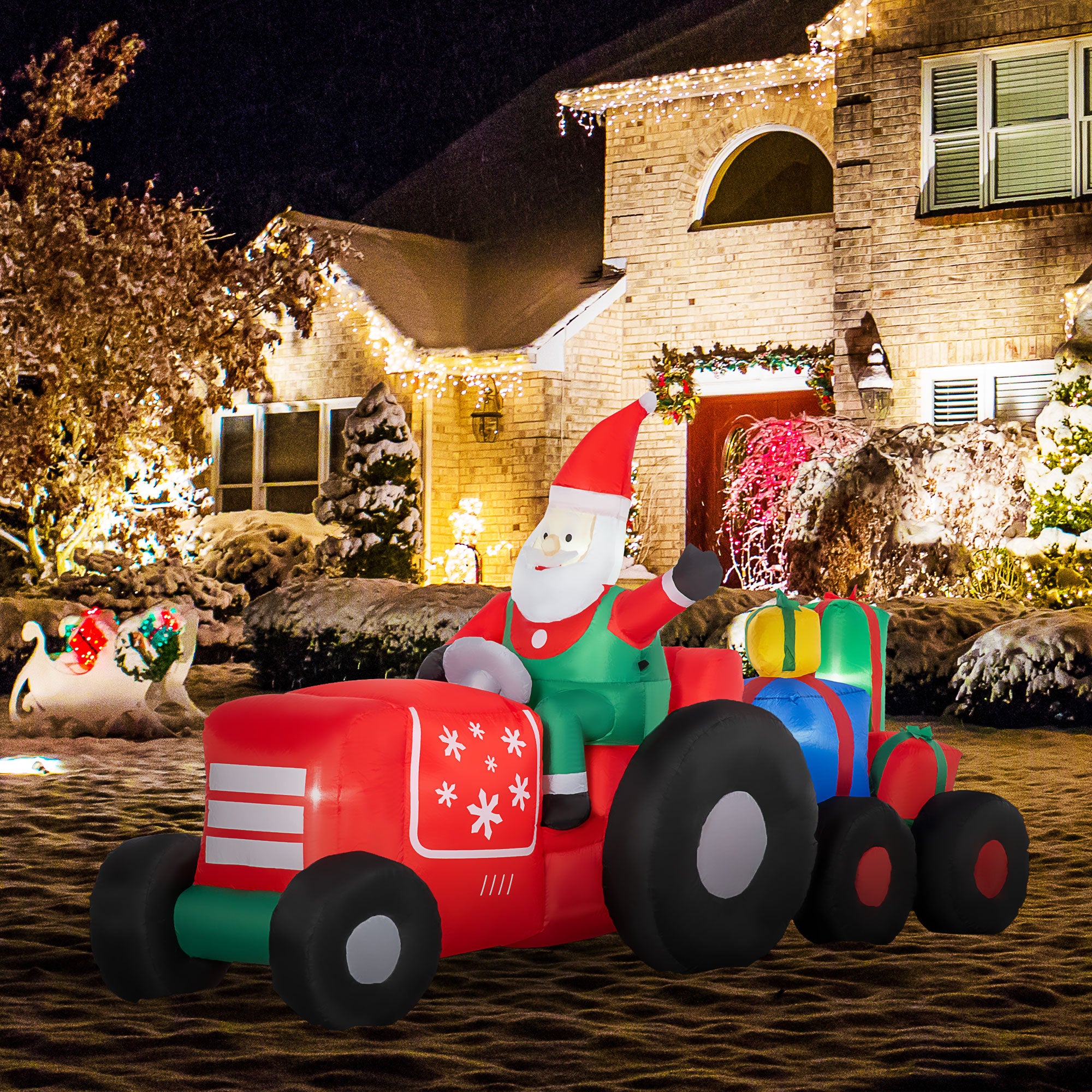 9ft Christmas Inflatable Santa Driving a Trailer with Gift Boxes – LED Lit | IP44 | Outdoor