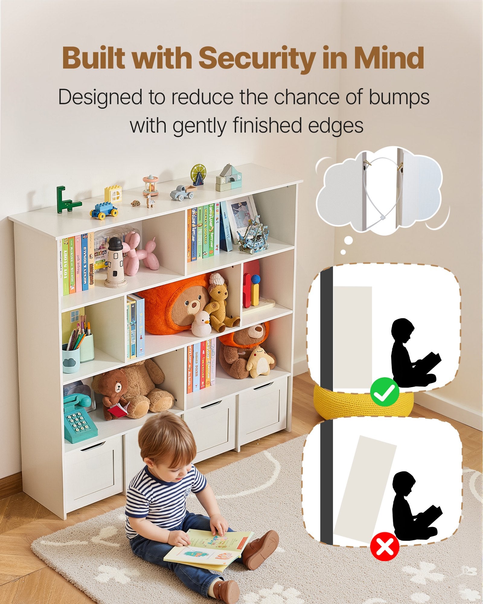 White bookshelf with toys and books, child reading a book on the floor, safety features highlighted.
