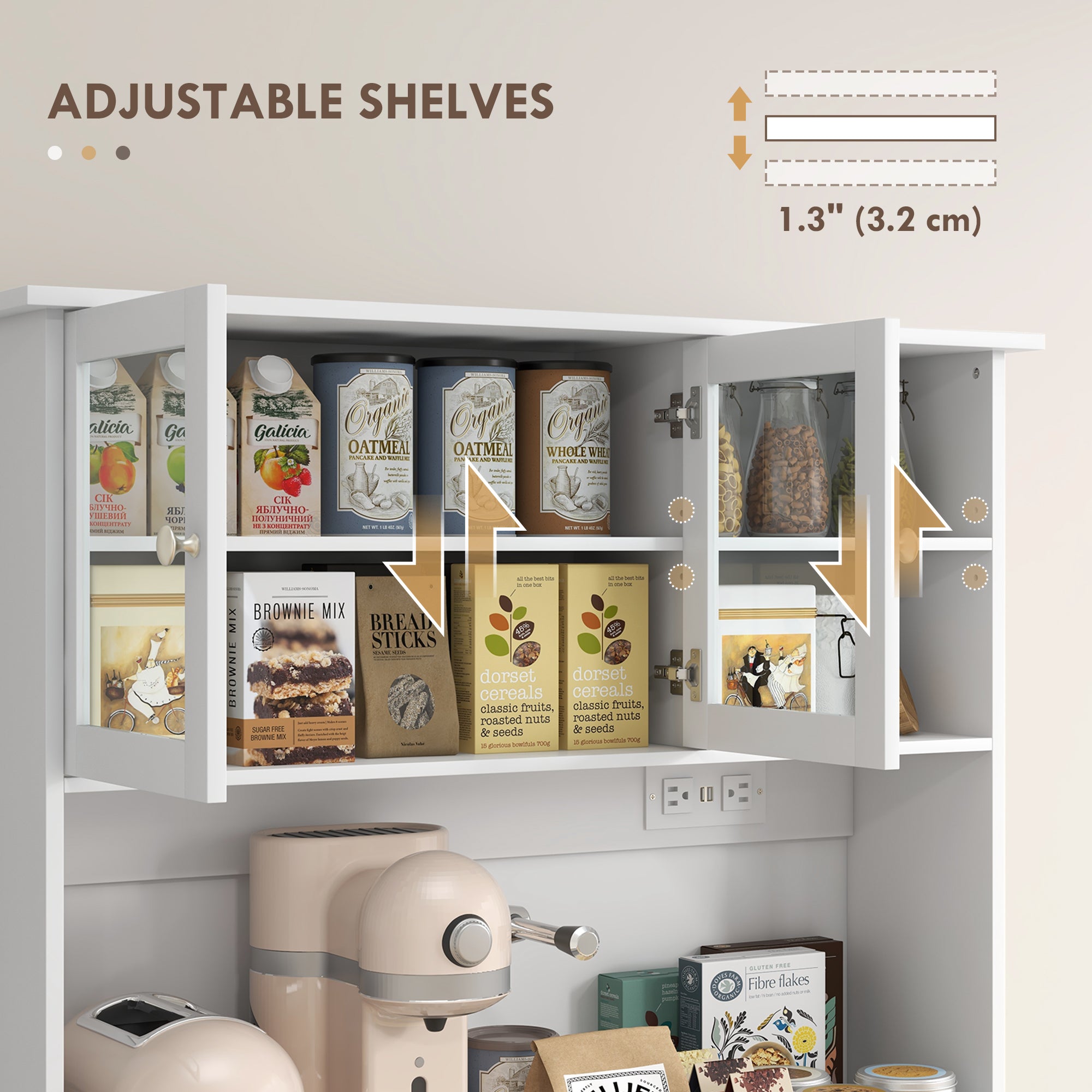 Kitchen cabinet with adjustable shelves displaying various food items and a mixer.