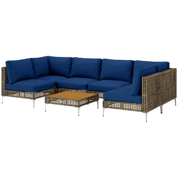 7-Piece PE Rattan & Acacia Wood Patio Sectional Set – Modular Sofa with Coffee Table & Cushions