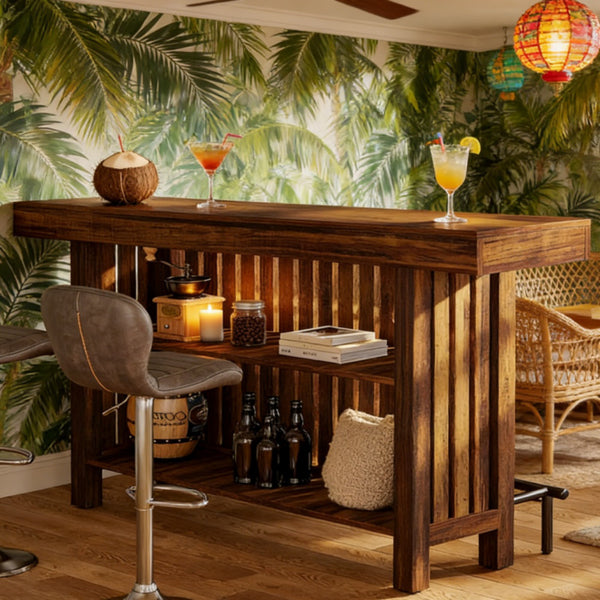 Walnut slatted wood bar table with metal footrest rail and lower storage shelf styled in a modern living room