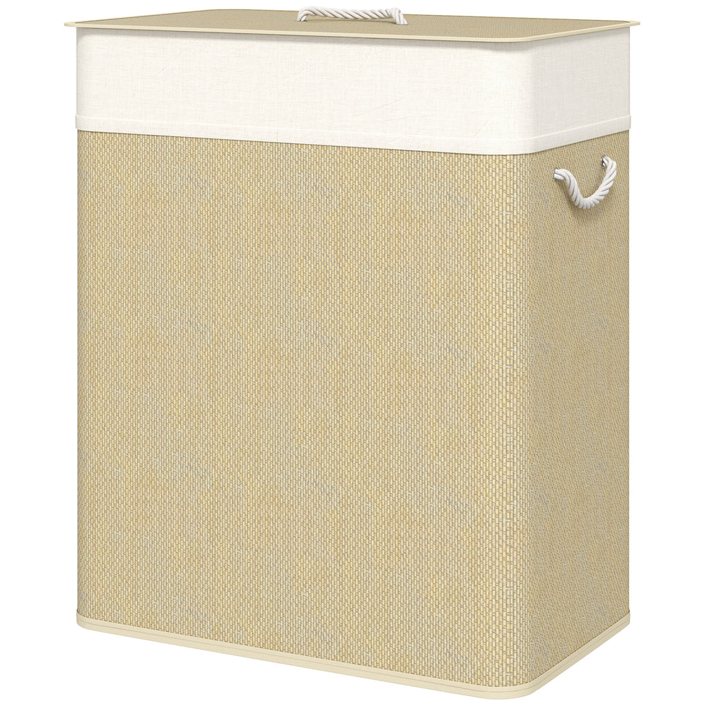 Beige laundry basket with white lid and handle on a white background