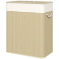 Beige laundry basket with white lid and handle on a white background
