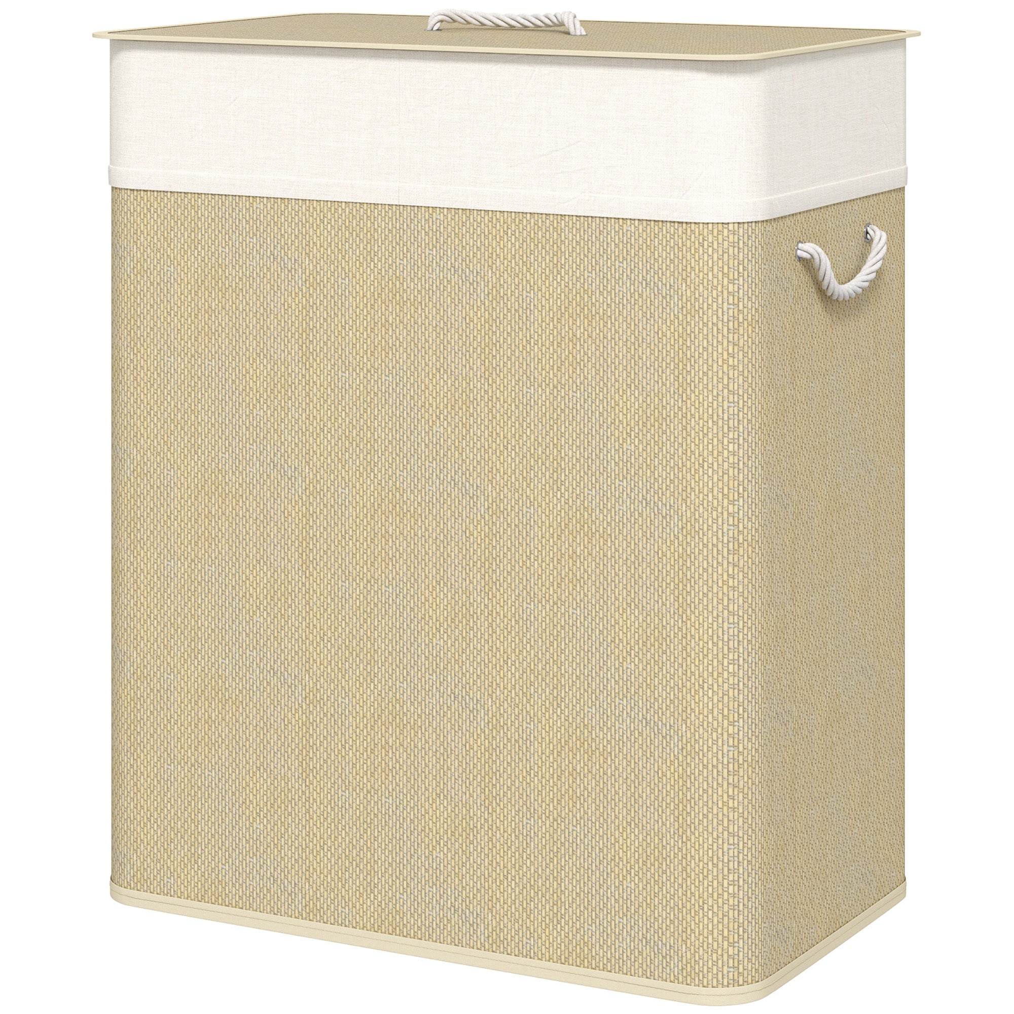 Beige laundry basket with white lid and handle on a white background