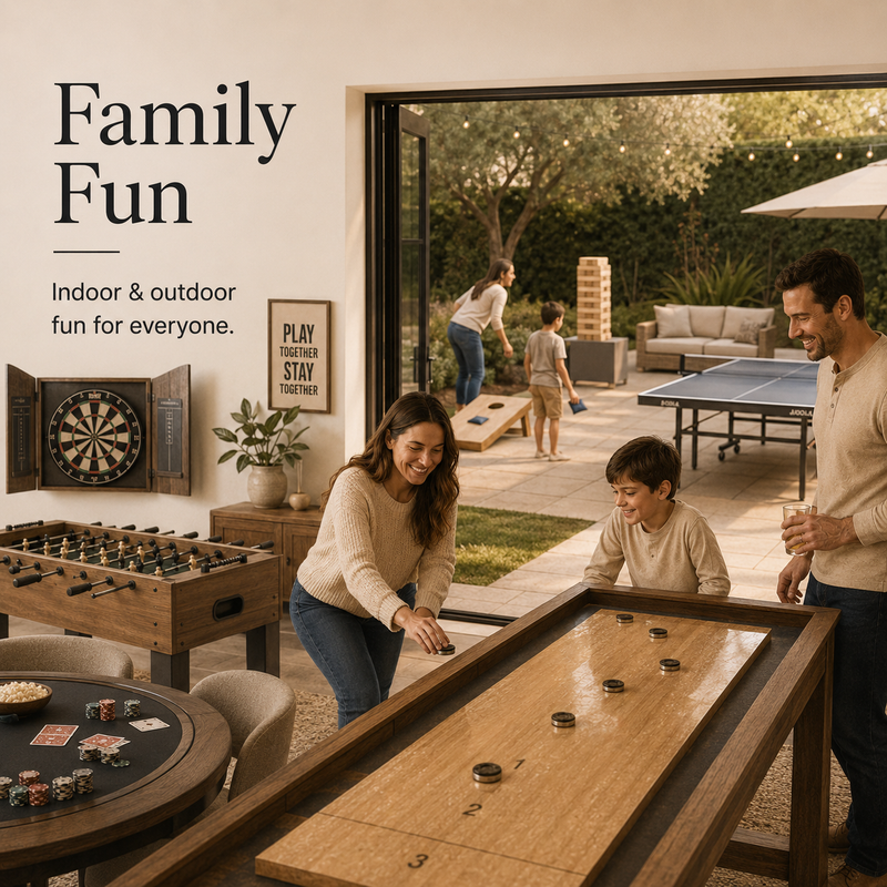 A family enjoys backyard and patio games in a modern home interior and outdoor patio area. A woman and a boy play shuffleboard in the foreground, while a man stands nearby and two children play cornhole in the background.