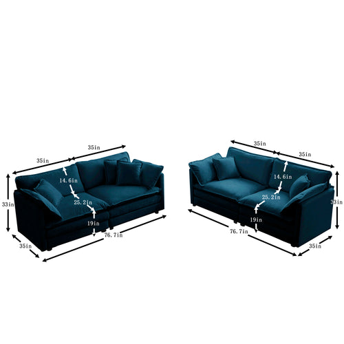 2-Piece Blue Chenille Sofa Set – Modular Loveseat & Couch for Living Room