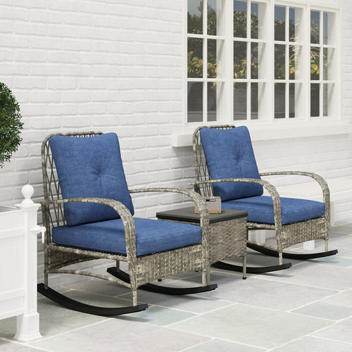 3-Piece PE Rattan Patio Furniture Set – Rocking Chairs & Coffee Table with Cushions, Gray
