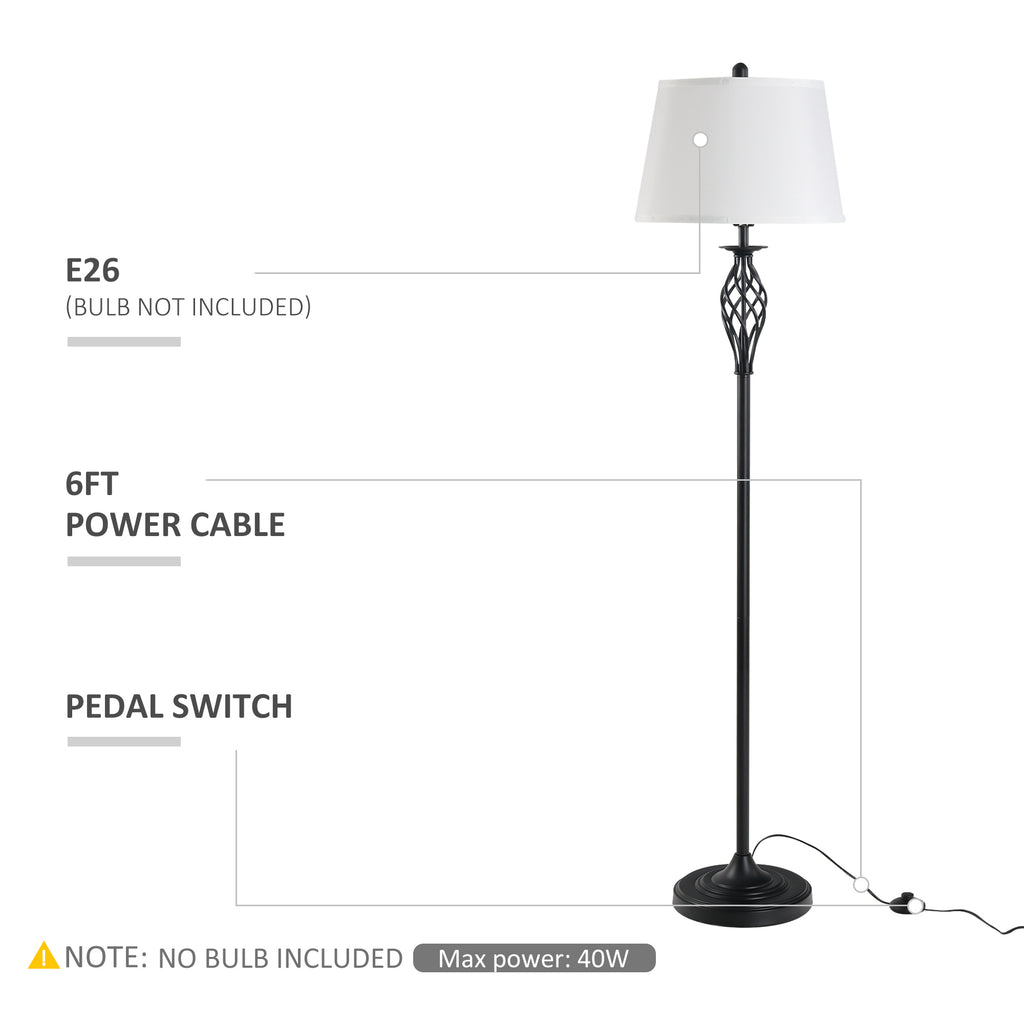 Black floor lamp with white shade on a white background, featuring text details.