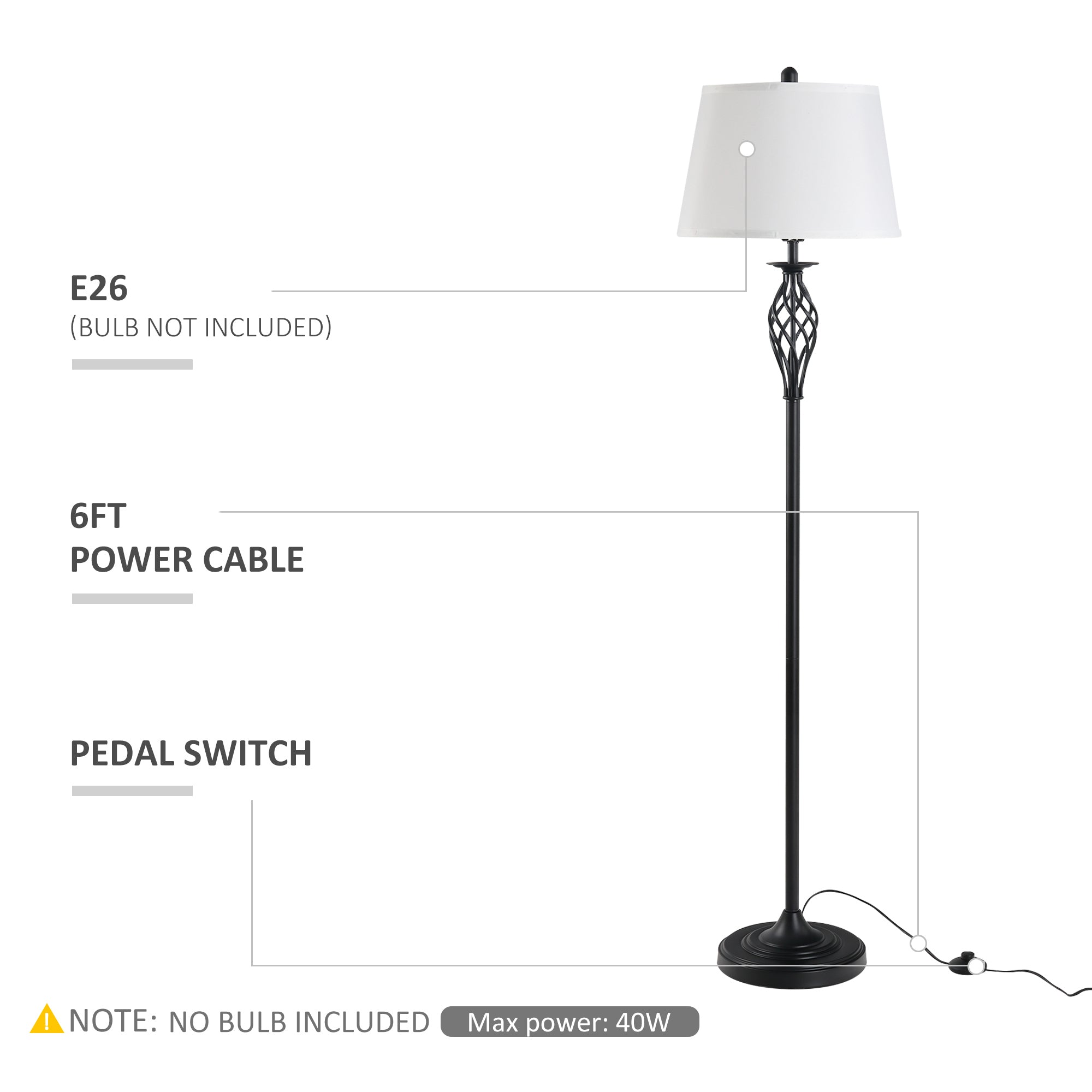 Black floor lamp with white shade on a white background, featuring text details.