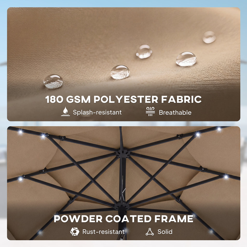 Umbrella with 180 GSM polyester fabric and powder-coated frame features.