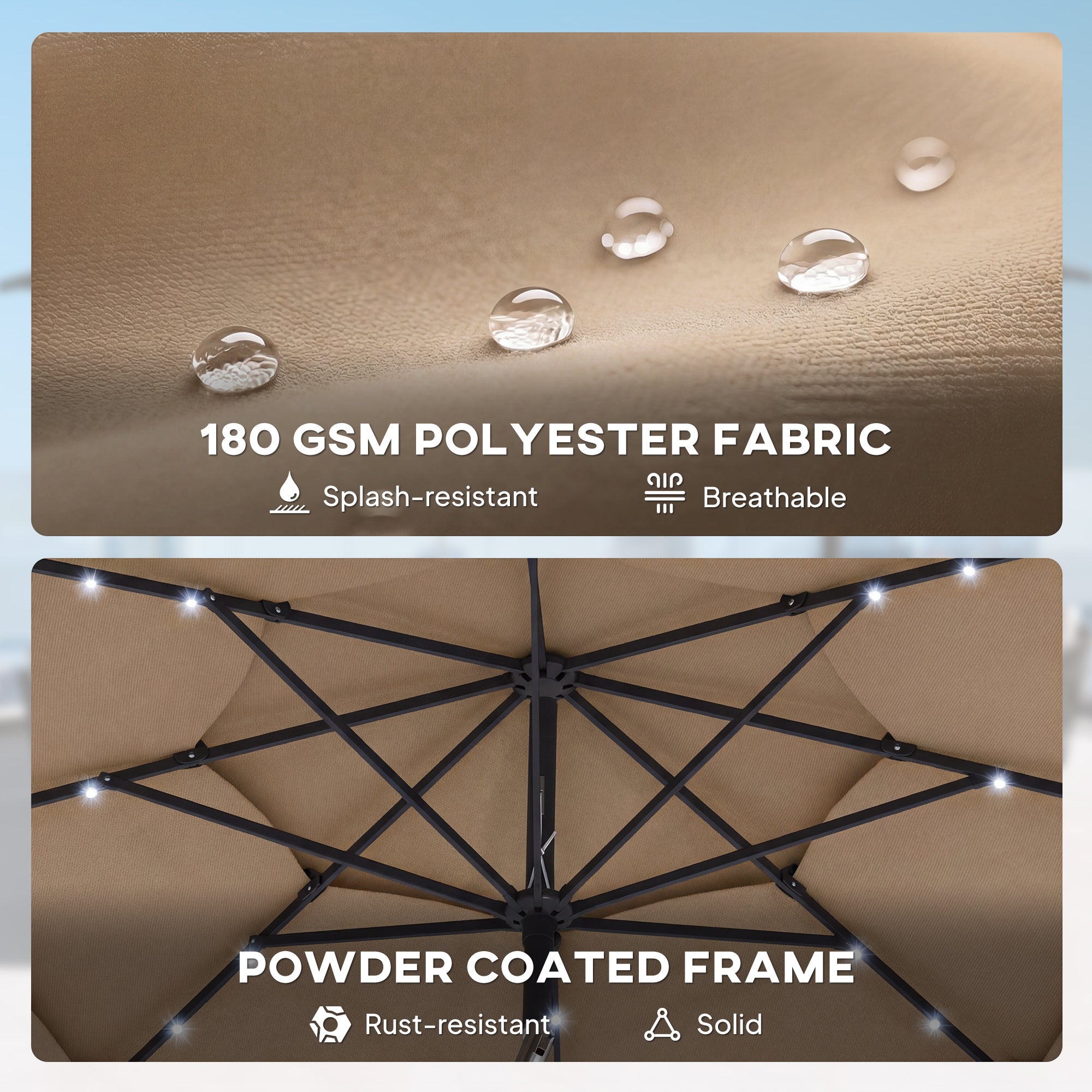 Umbrella with 180 GSM polyester fabric and powder-coated frame features.