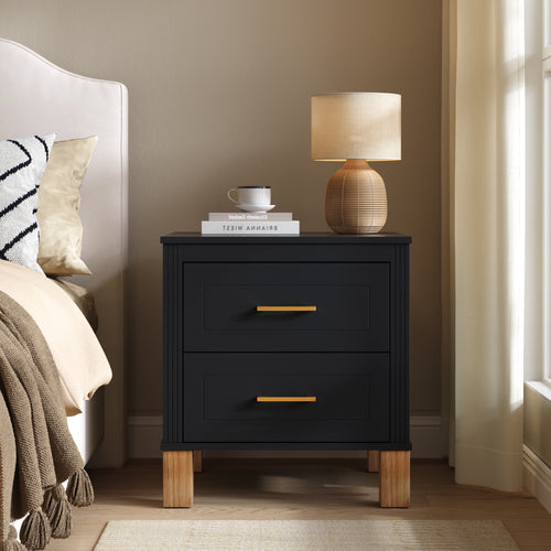 2-Drawer Mid-Century Nightstand with Fluted Design & Solid Wood Legs – Black