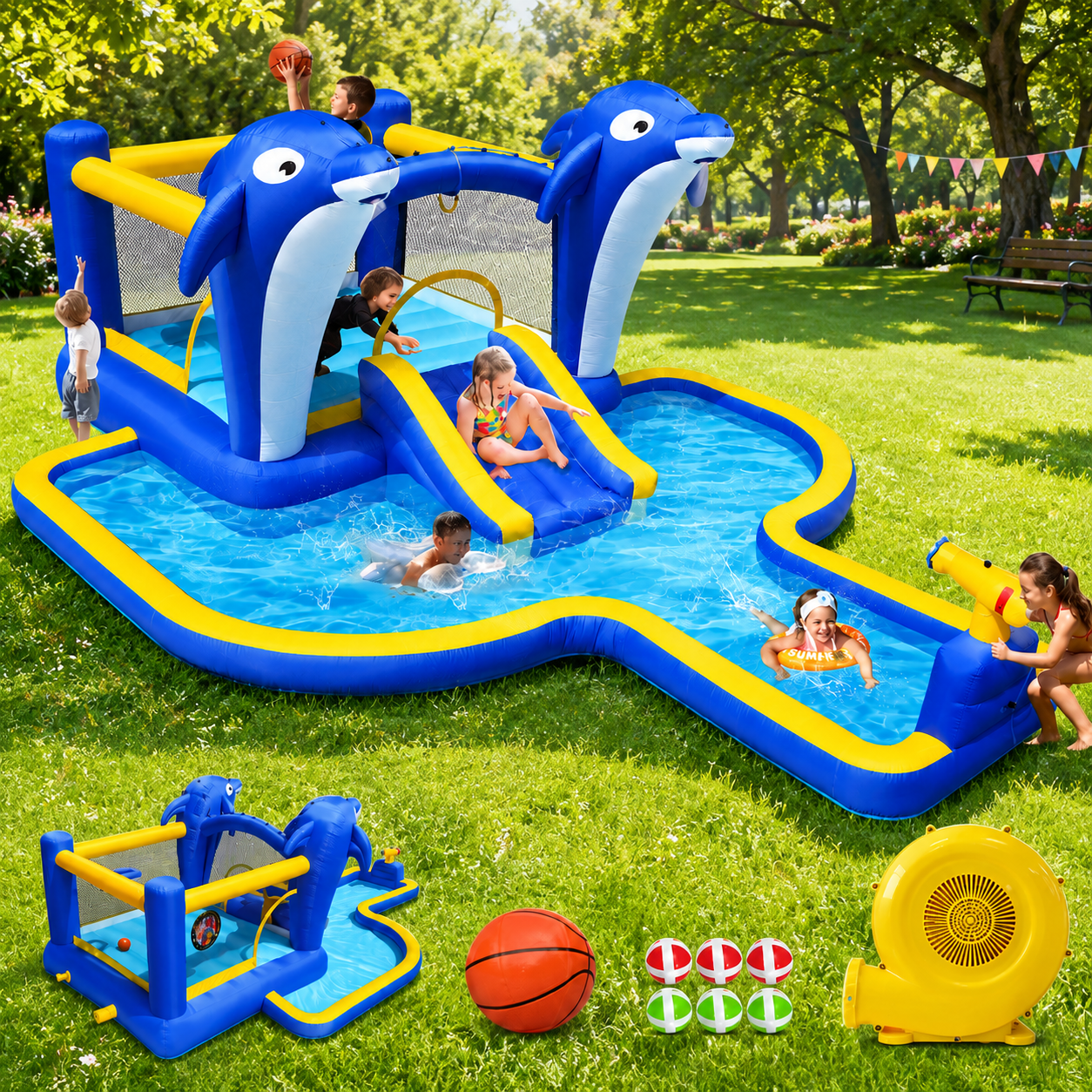 8-in-1 Inflatable Water Park — Slide, Trampoline, Sprinkler, Water Gun & More | Outdoor