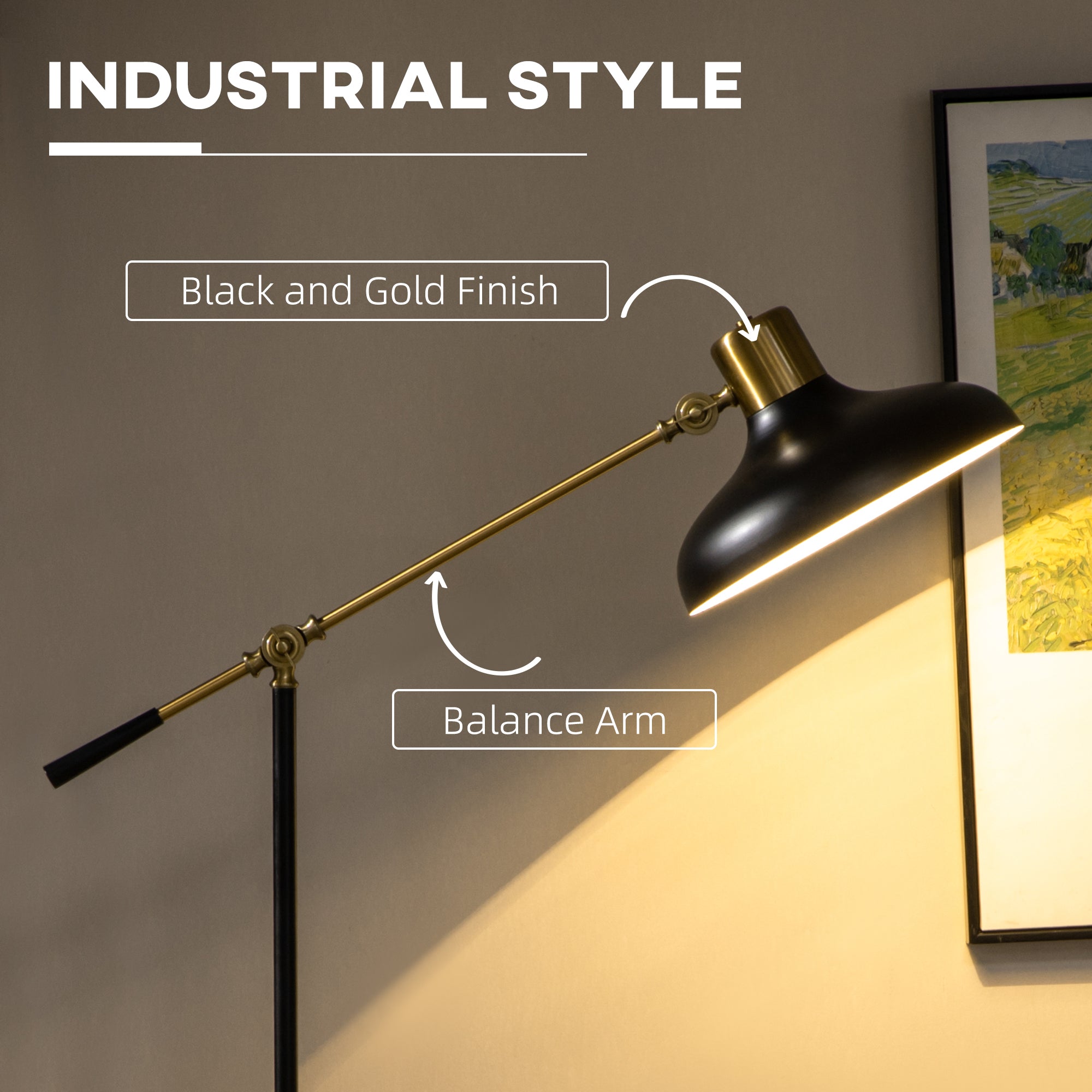 Black and gold industrial-style lamp with balance arm on a neutral background