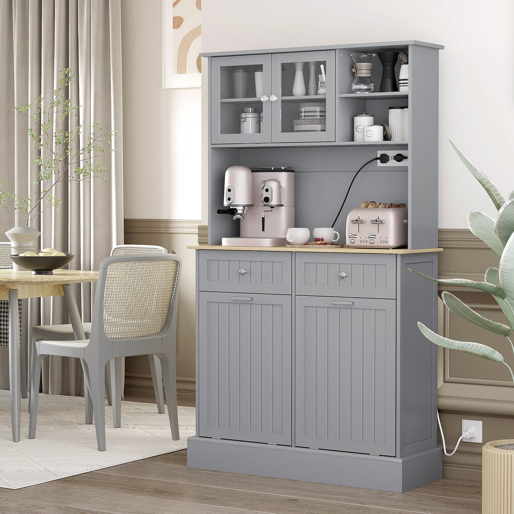 Gray kitchen cabinet with wooden countertop in a home setting