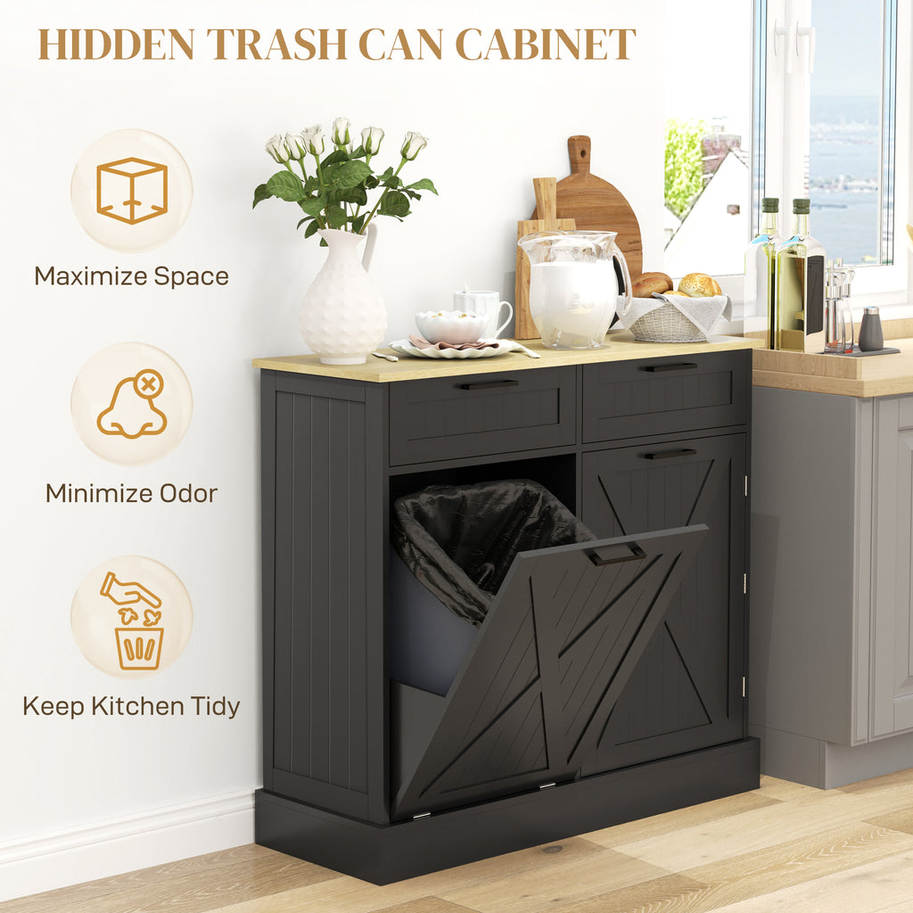 Hidden trash can cabinet in a kitchen setting with features highlighted.