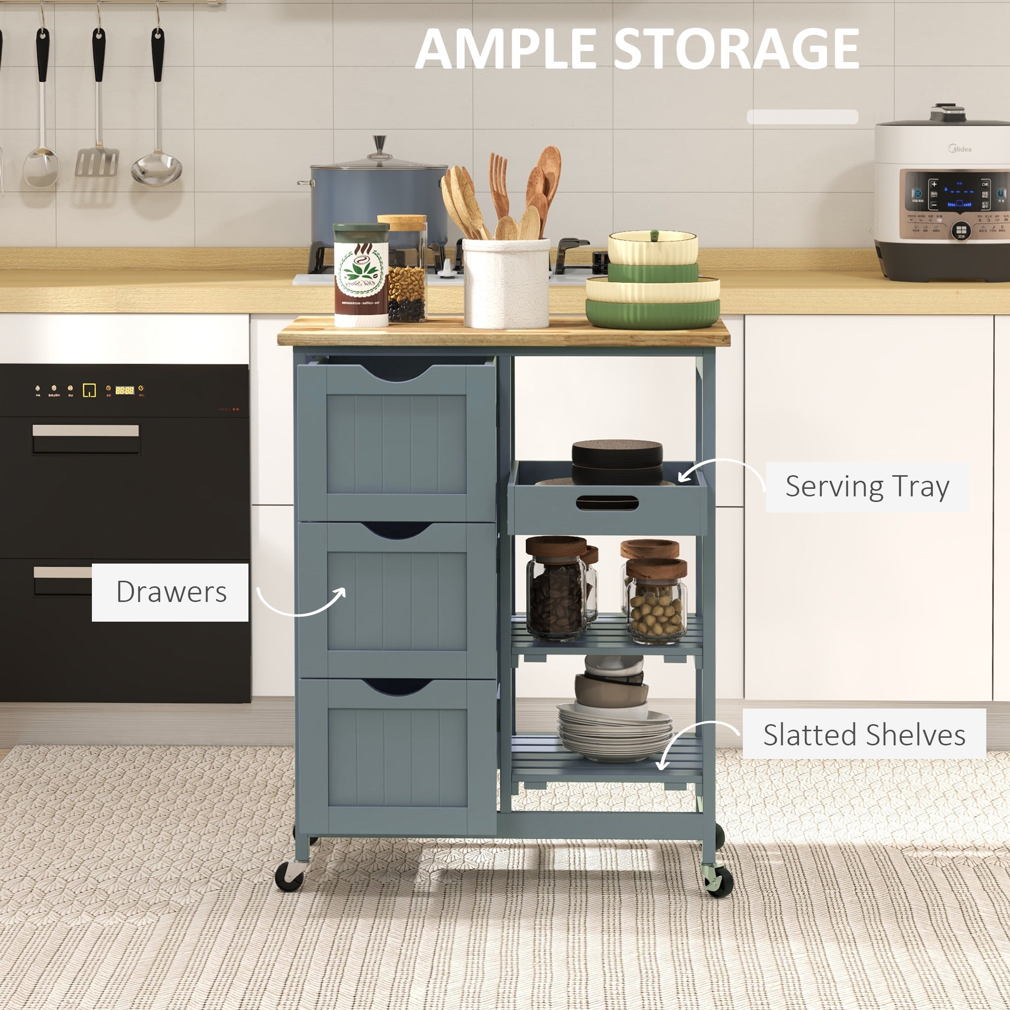 Kitchen cart with storage drawers, serving tray, and slatted shelves in a kitchen setting.