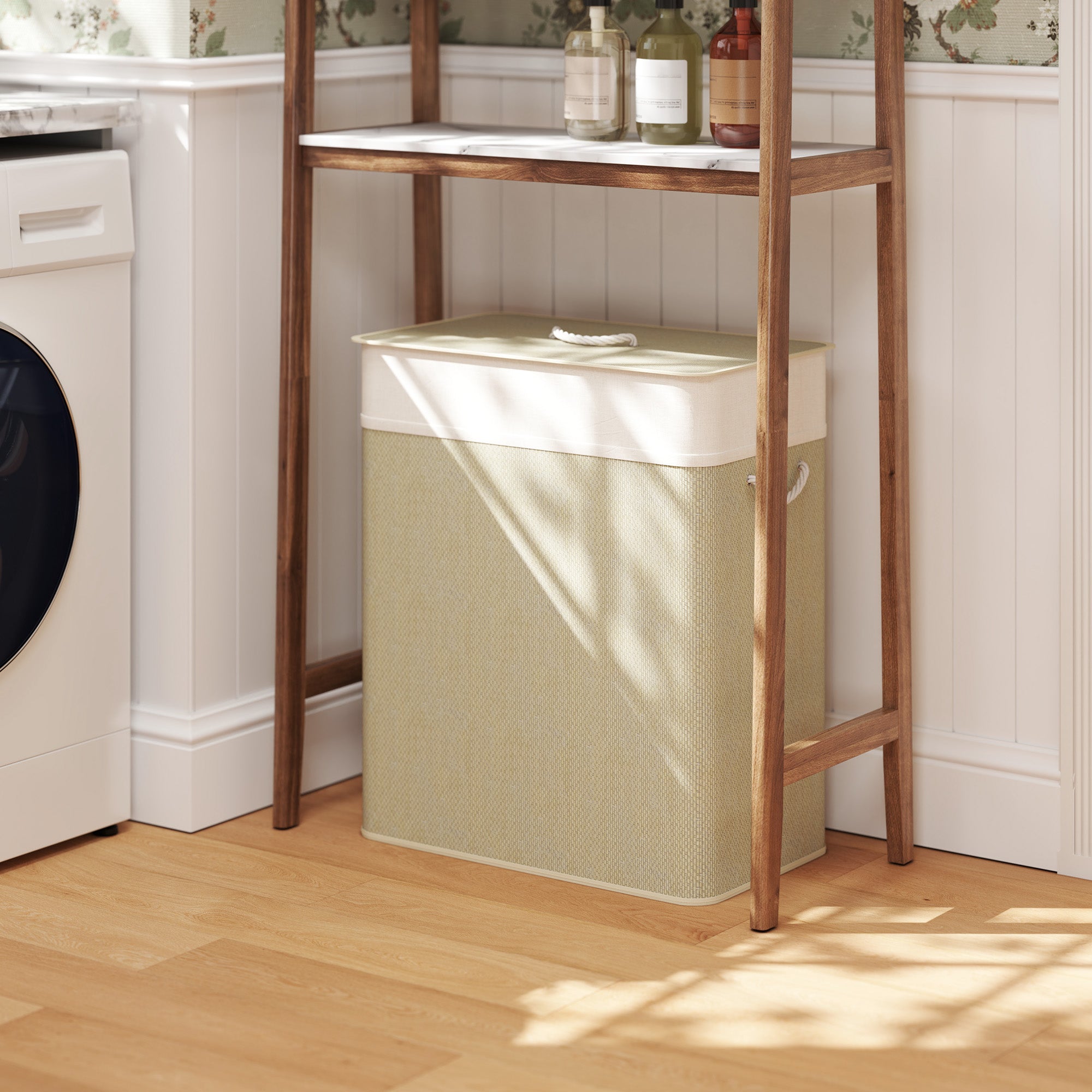 Beige laundry basket with wooden frame in a laundry room.