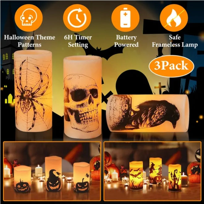 Halloween-themed candles with spider, skull, and bat designs, featuring 6H timer setting, battery power, and safe frameless lamp design.