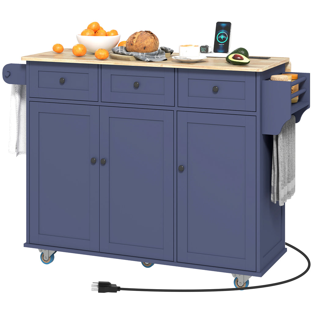 Blue kitchen island cart with wooden top and various items on a white background