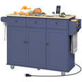 Blue kitchen island cart with wooden top and various items on a white background
