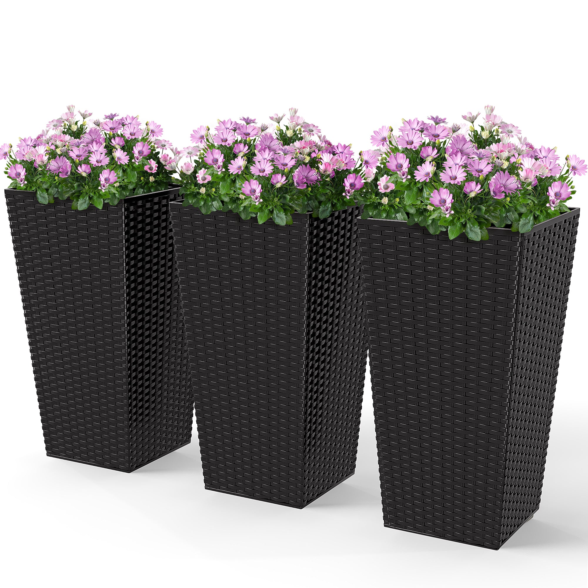 Set of 3 Tall Outdoor Planters | 24" Rattan-Style Tapered Plant Pots with Drainage – Black
