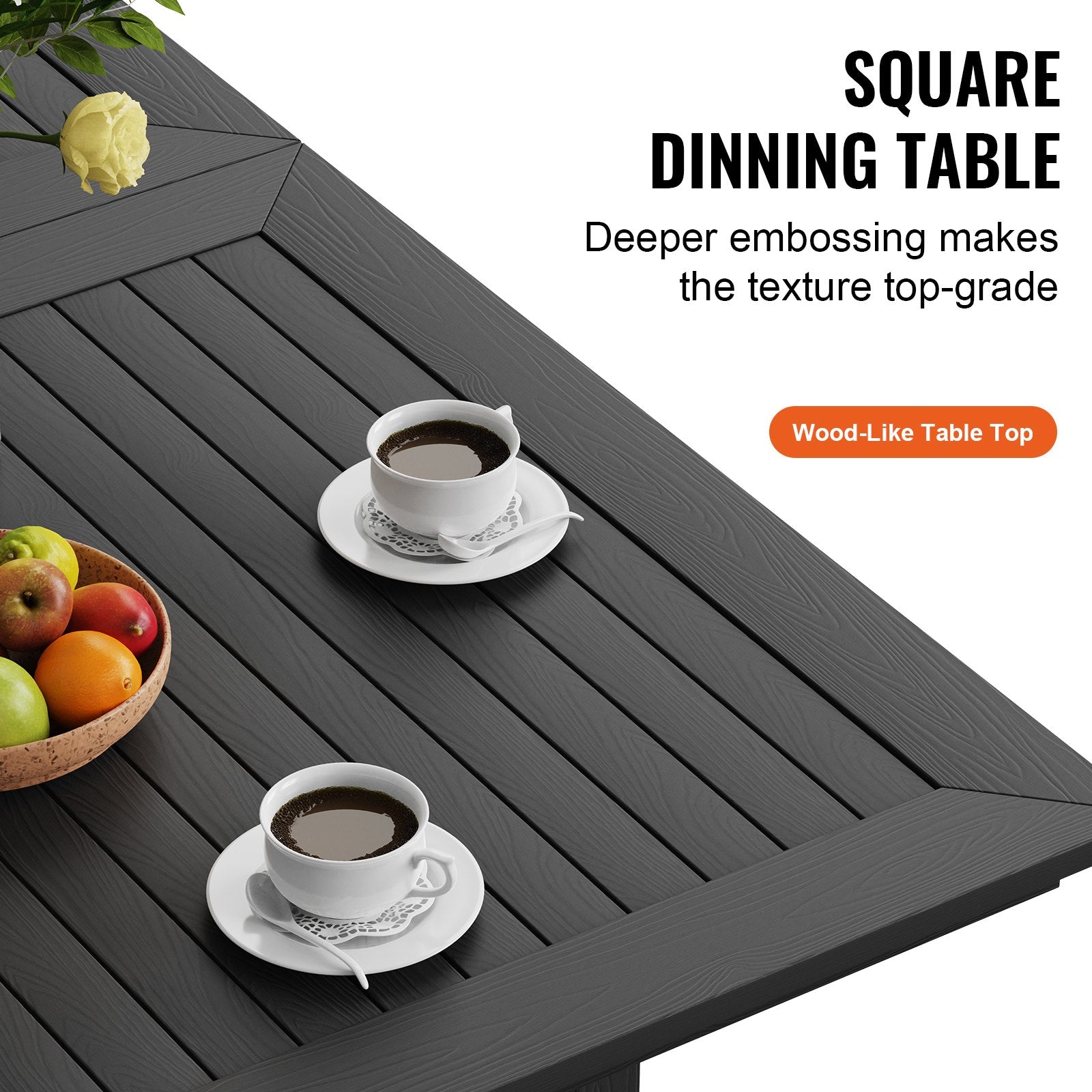 Square dining table with coffee cups and fruit bowl on a white background