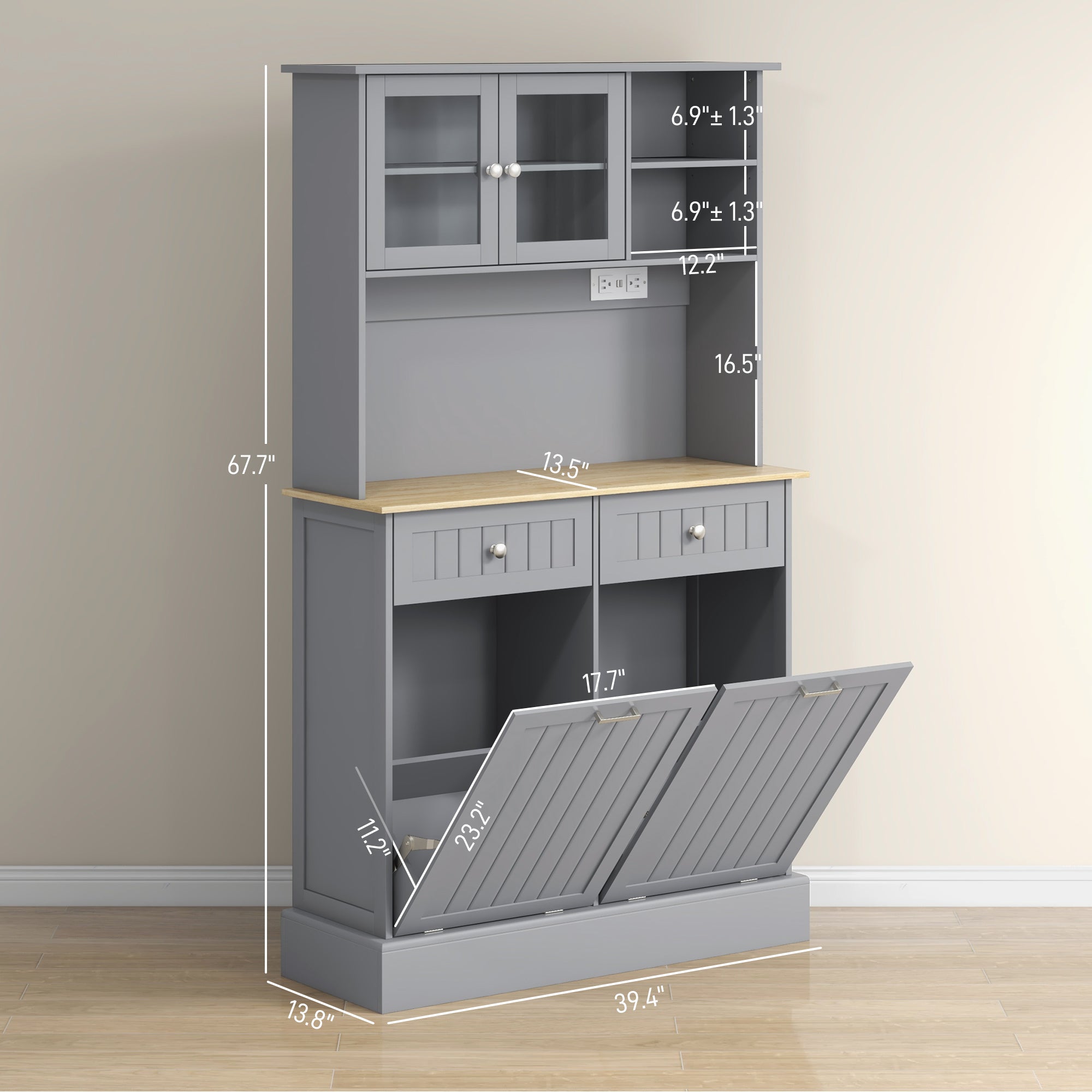 Gray kitchen cabinet with dimensions labeled on a beige wall background