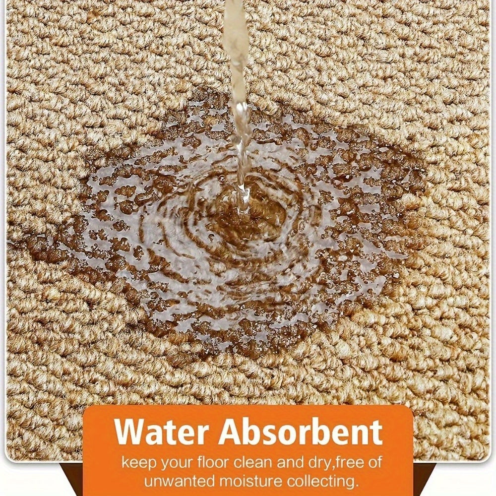 Water droplet on a carpet with a water absorbent product label.