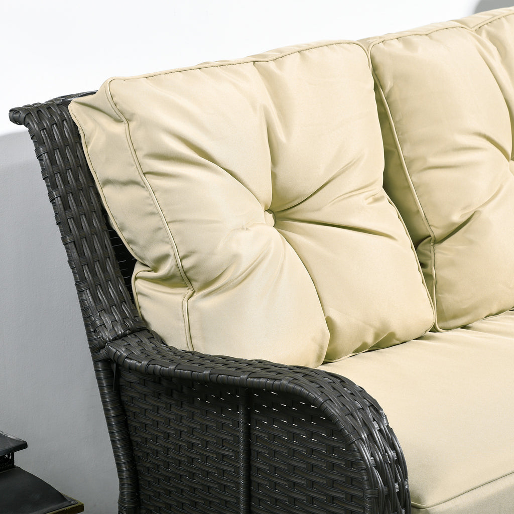 Beige cushioned outdoor sofa with wicker armrests on a neutral background