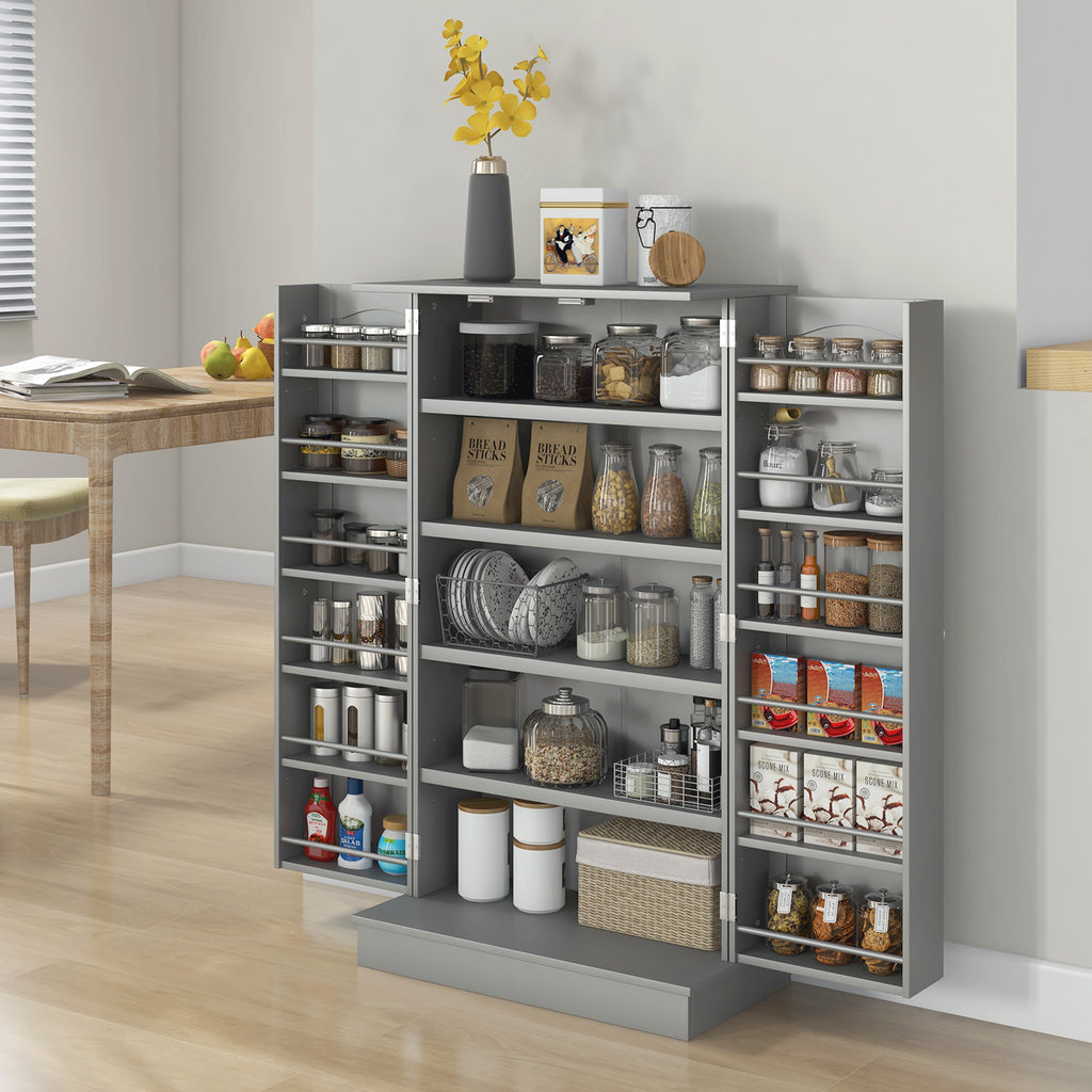Gray storage cabinet with shelves filled with kitchen items in a room setting.