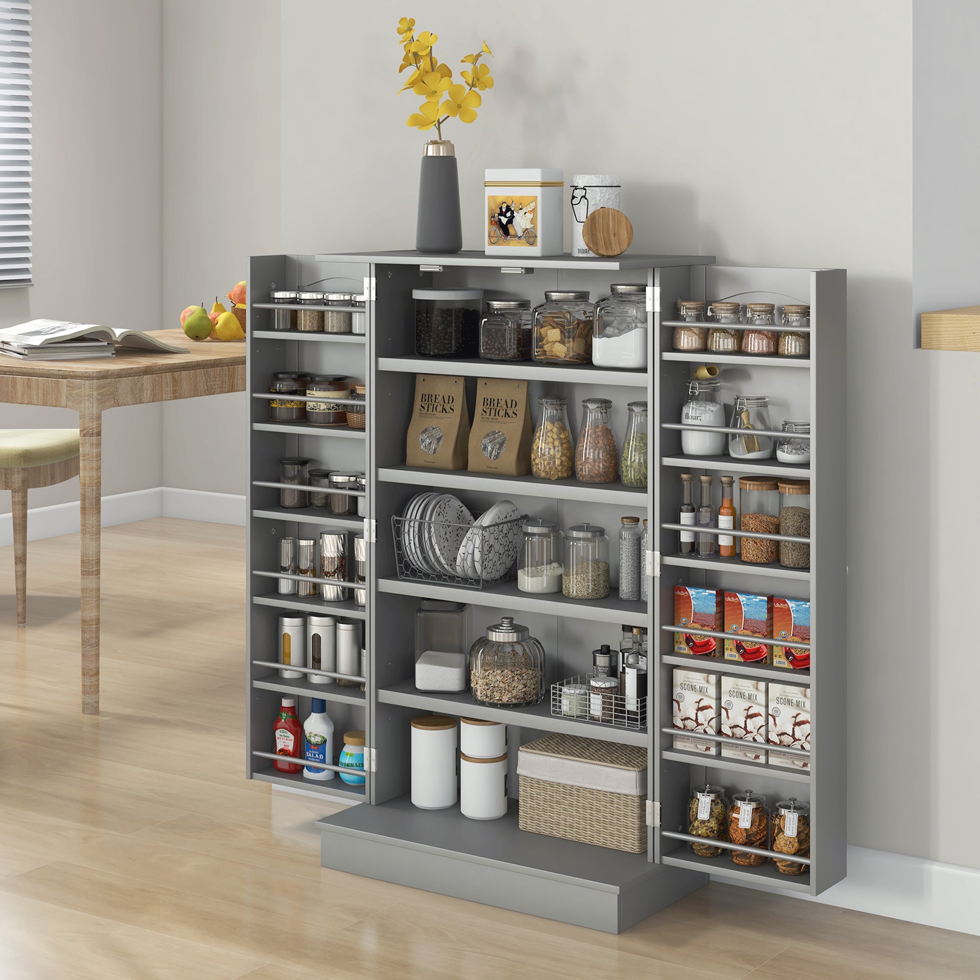 Gray storage cabinet with shelves filled with kitchen items in a room setting.