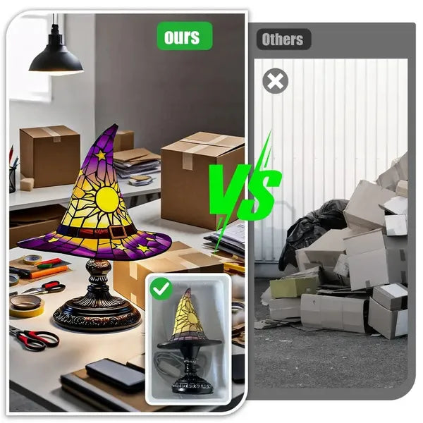 Comparison of a stained glass lamp on a work desk with a pile of boxes and clutter.