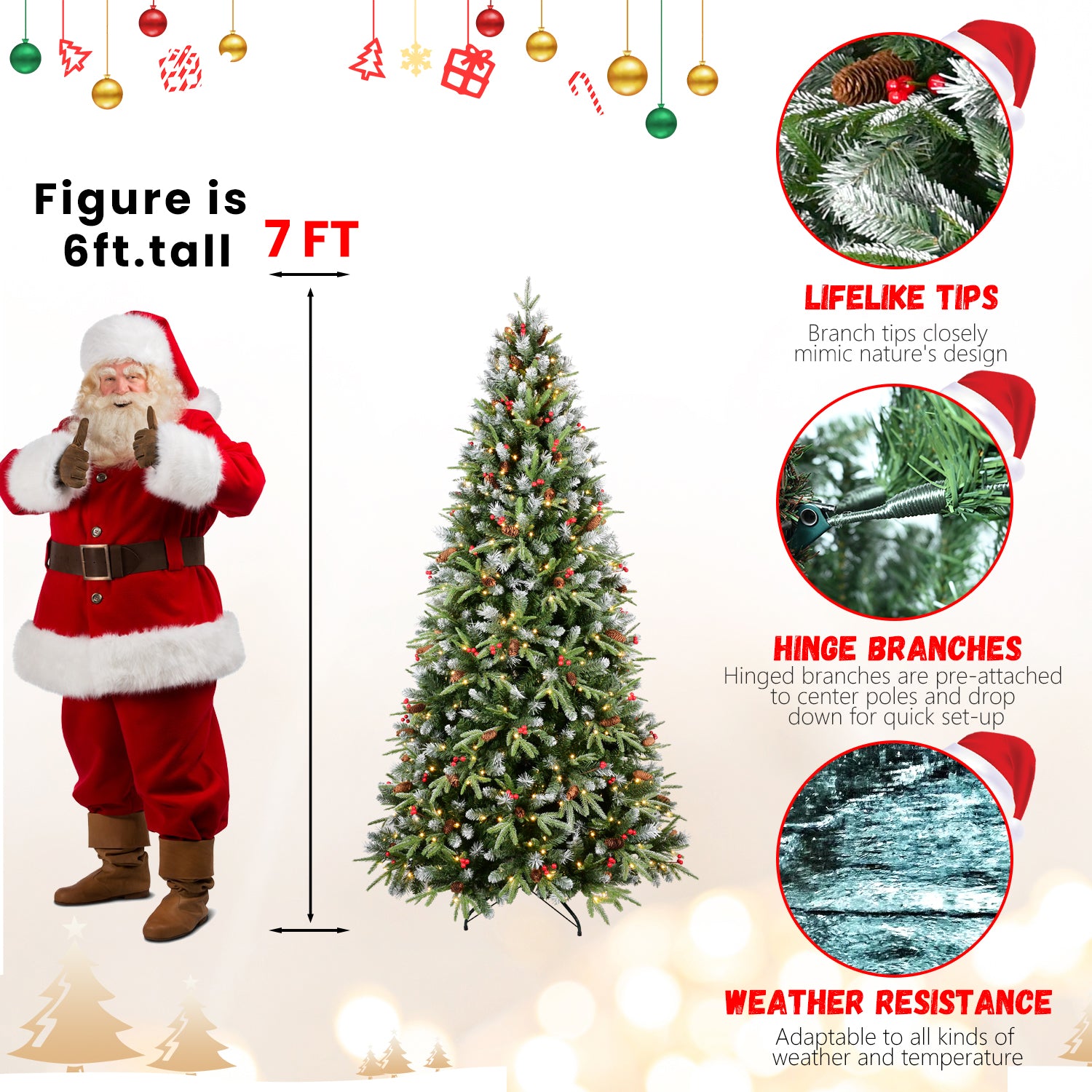 Christmas tree with Santa Claus figure and product features on a white background