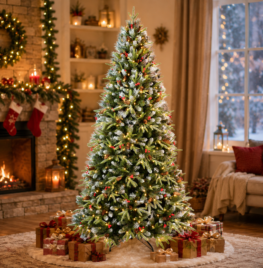 Decorated Christmas tree with lights and ornaments in a living room setting.