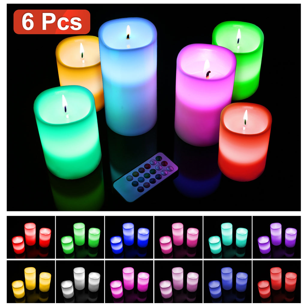 Set of six colorful LED candles with a remote control on a black background.