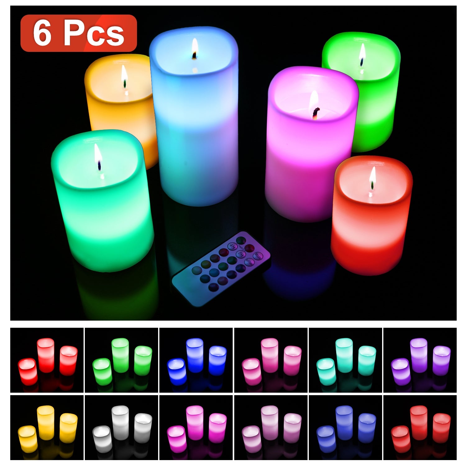 Set of six colorful LED candles with a remote control on a black background.