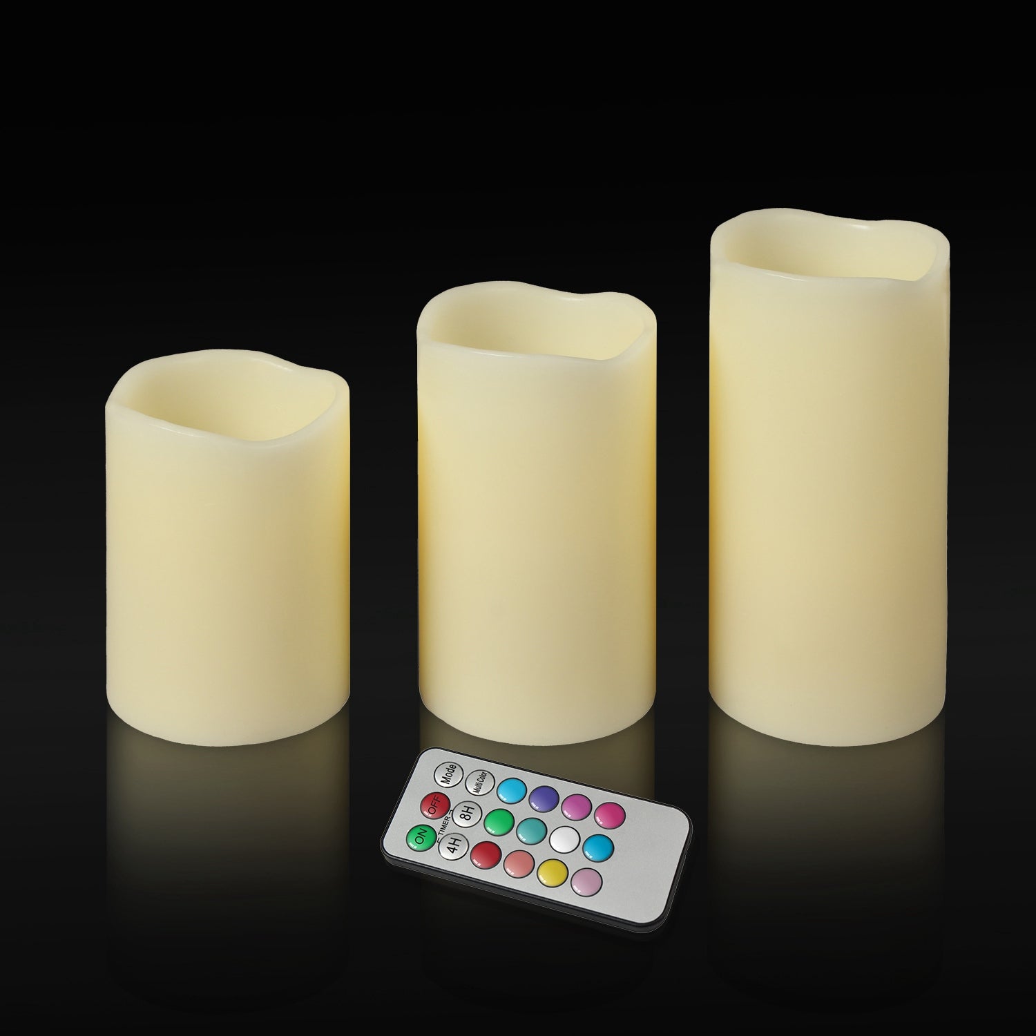 Three LED candles of different sizes with a remote control on a black background