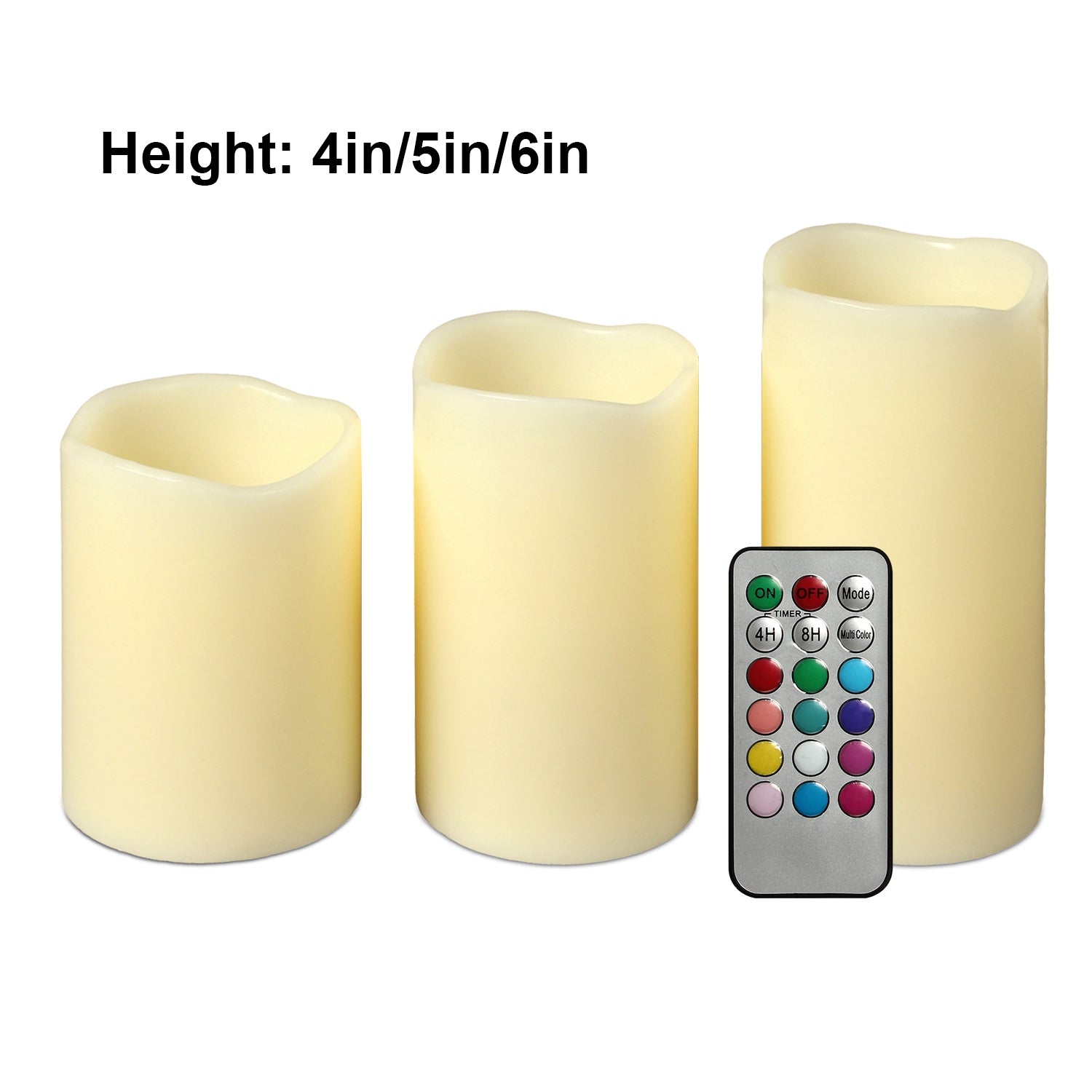 Three LED candles of different heights with a remote control on a white background